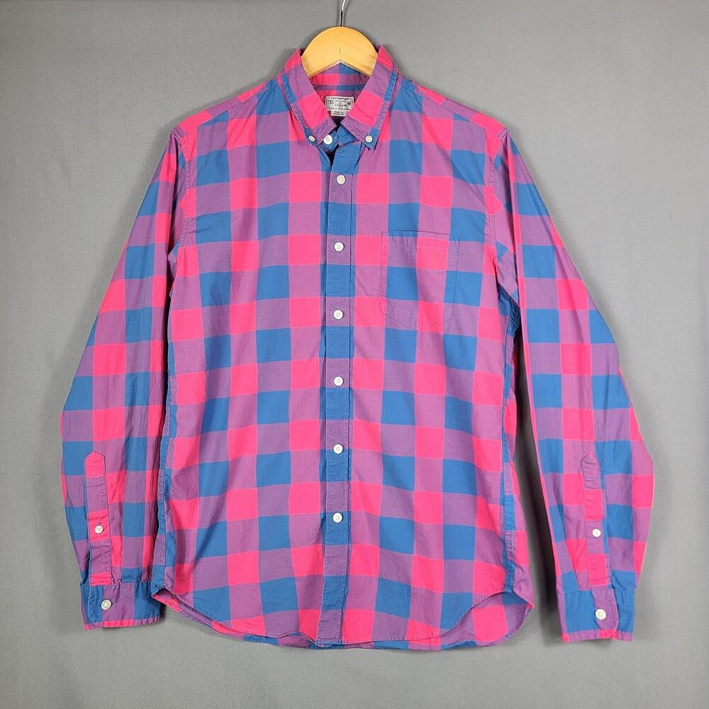 Light Weight Shirt Tailored by J Crew Pink Blue Buffalo Plaid Preppy Size M